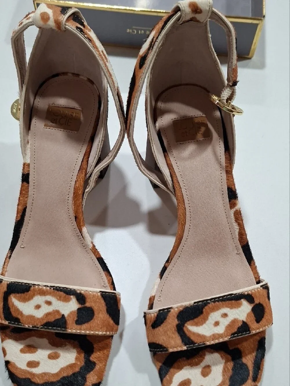 Louise et Cie Leopard Print Ankle Strap Heels in Brown Black White